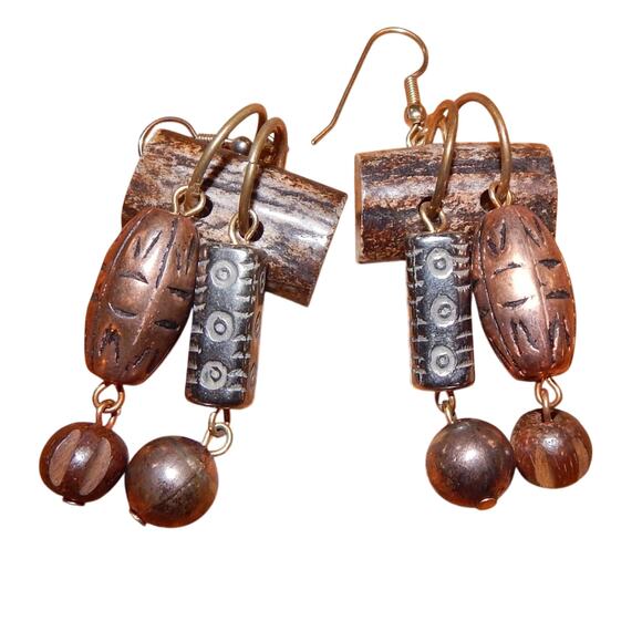 Vintage Wild Tribal Metal & Wood Earrings - Picture 1 of 4